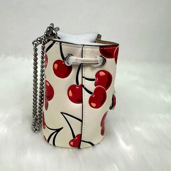 Coach Drawstring Wristlet Chain Strap Cherry Print Silver Chalk Multi CZ030 NWT - Picture 2 of 7